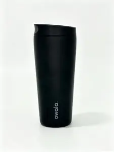 Owala SmoothSip Slider Insulated Portable Travel Mug, 20oz Black Stainless Steel Tumbler, Leakproof Lid, BPA-Free Eco-Friendly Reusable Coffee Cup, Cup Holder Friendly for Hot & Cold Drinks