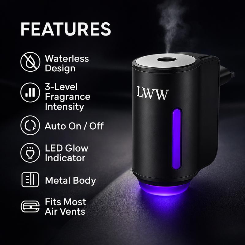 LWW Smart Car Air Freshener Diffuser 3-in-1 USB Powered Rechargeable with LED 3-Level Intensity Control & 10 x 10ml French Oils for Enhanced Woody Fruity Aromatic Scent