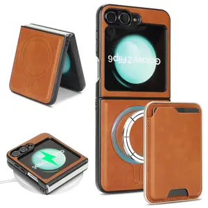 Detachable 2-in-1 Magnetic Wallet Phone Case, compatible with Samsung Galaxy Z Flip 7, Z Flip 6, Z Flip 5, Z Flip 4 and Z Flip 3. The card holder can store cards and cash, prevents card skimming, and serves as a shockproof protective case.