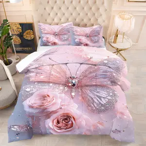 2/3 Piece Set of Pink Butterfly Inlaid Diamond Printed Comforter Set, Pink Flower Rose Pattern Bedding Set, High-End Luxury, Soft and Breathable, Girls' Room Decoration and Children'S Bedroom, Including 1 Quilt and 1/2 Pillowcase