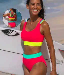 Popvil Colorblock Sporty High-Waist Bikini Set – Tummy Control Beach Swimwear, Neon Bathing Suit