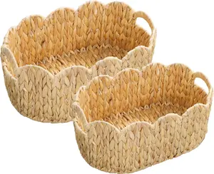 Scalloped Basket Set of 2,Hyacinth Basket for Organizing and,Hand-Woven Wicker Baskets with-In Handles for Nursery,Gift,Laundry