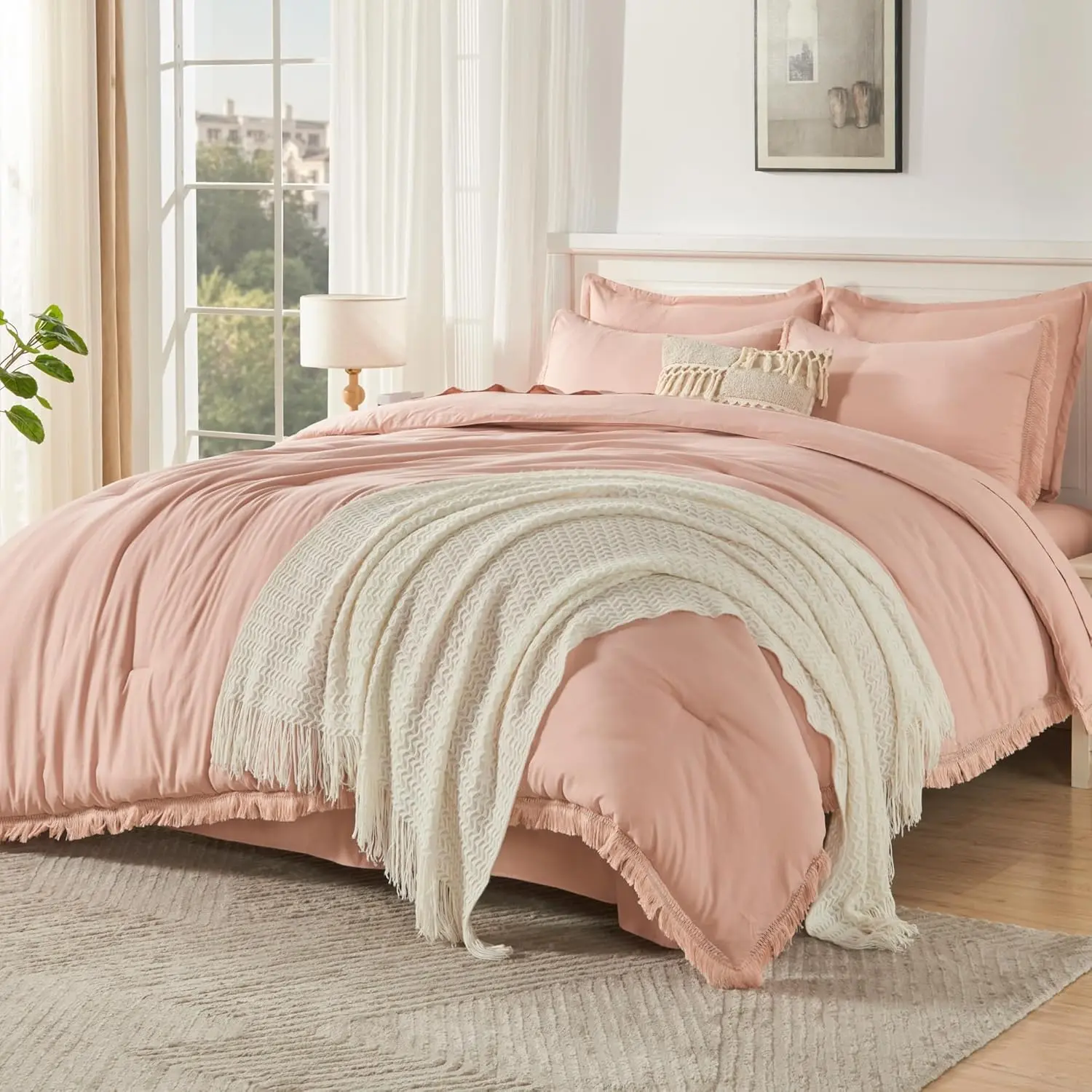 Ultra-Soft Pink King Size All Seasons Lightweight 7-Piece Modern Comforter Set with Tassel Edge, Fringe, Hidden Stitching, Pillowcase Shams, and Storage Bag, Bedroom Sleep, Boho Vibe
