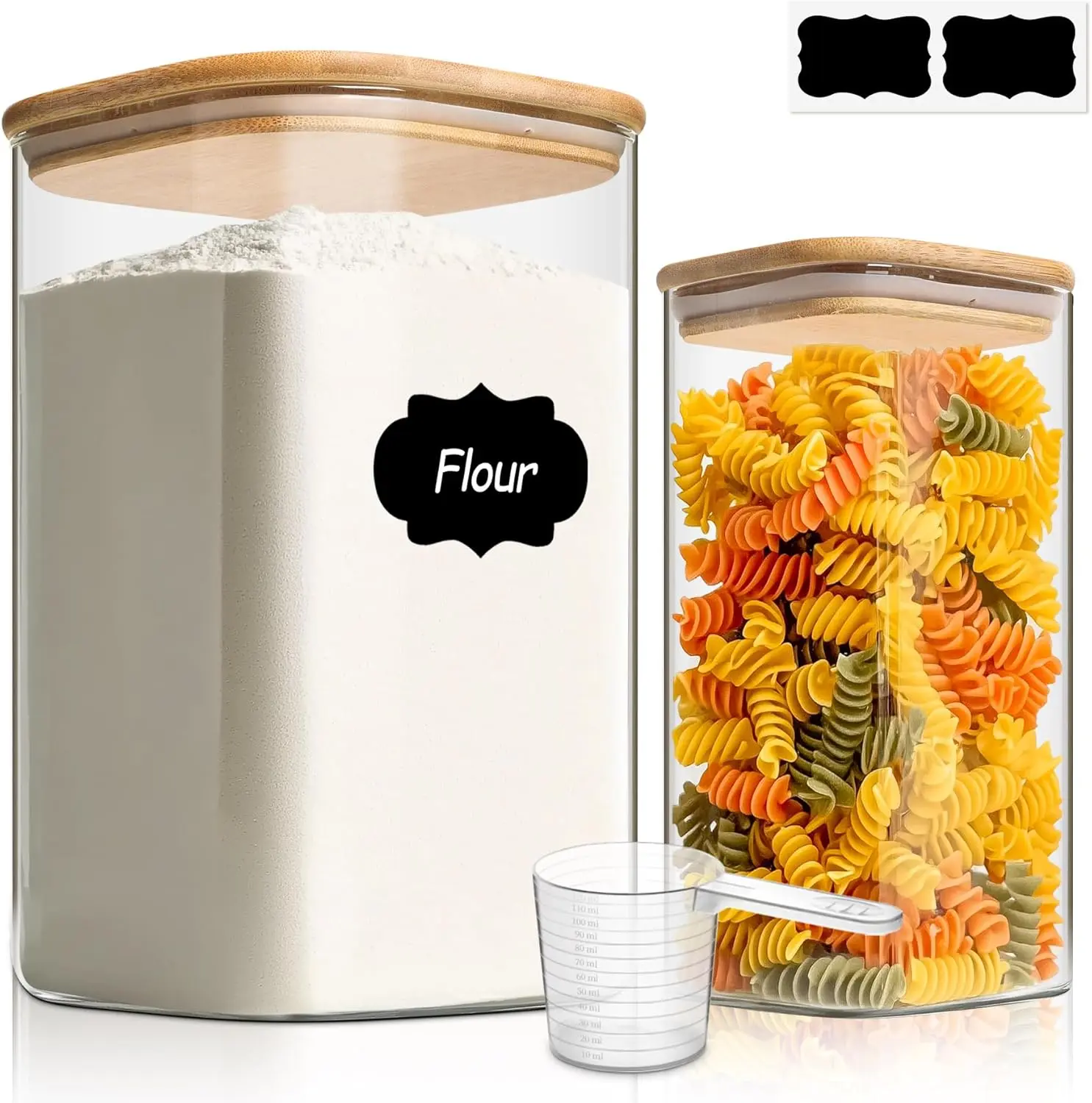 Glass Pantry Storage Containers, 4.6Qt/1.6Qt Large Square Flour and Sugar Containers with Airtight , 1.2 Gallon Glass Jars with   for Rice, Pasta, Cookies, Coffee Beans