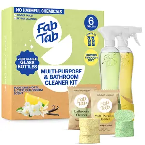 FABTAB Multi-Purpose & Bathroom Cleaner Starter Kit - Natural Cleaning Products - Plant-Based - No Harsh Chemicals compostable box. High quality glass refillable bottles with silicone  sleeves keep your Household spotless