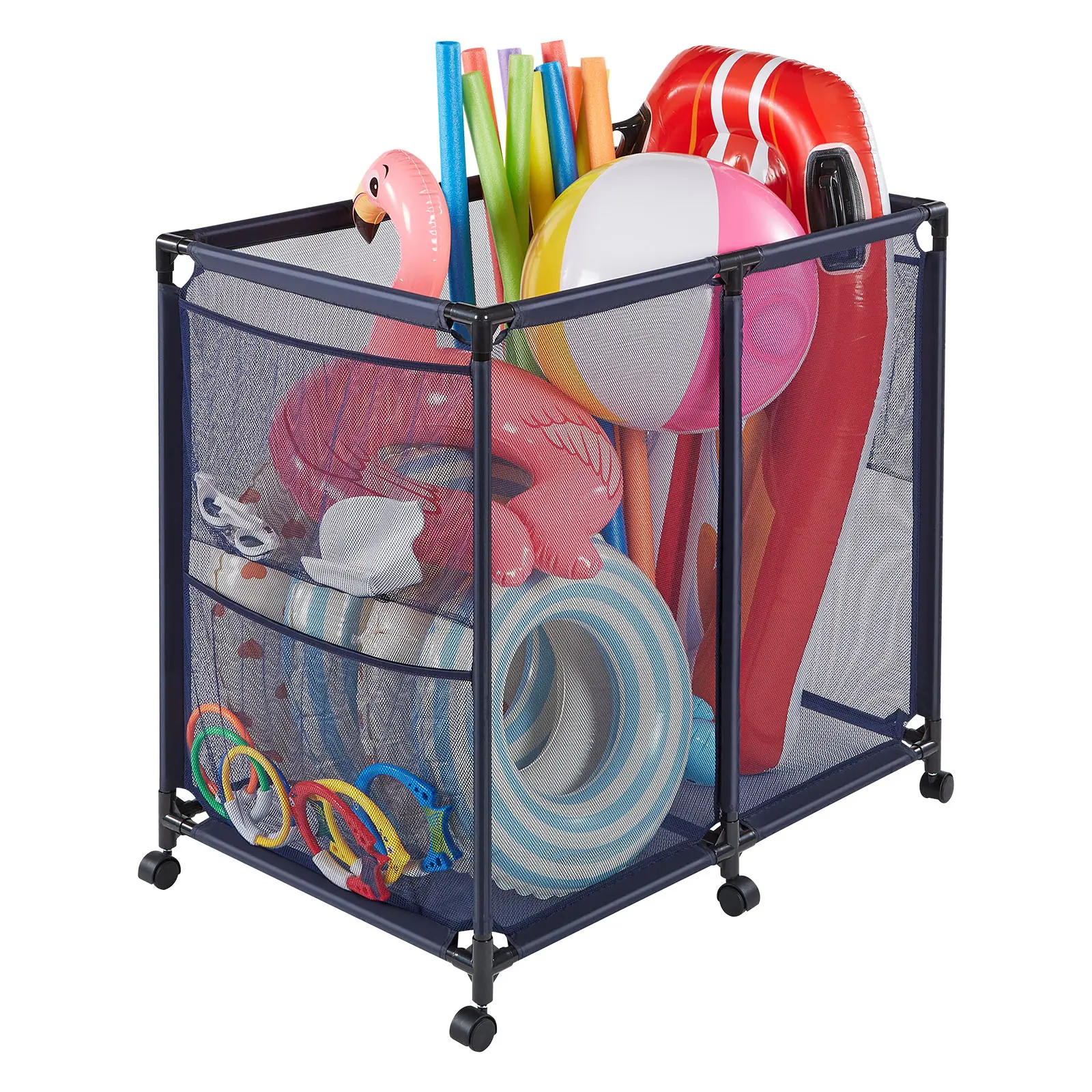 【summerfinds】VEVOR Pool Storage Bin, 36.8 x 24 x 35.6 in, Rolling Pool Float Storage Organizer with Side Pockets & Casters, Heavy Duty Metal Frame, Poolside Toys Noodles Holder Mesh Basket for Swimming Pools