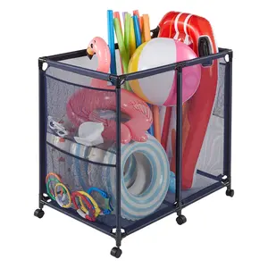 VEVOR Pool Storage Bin, 36.8 x 24 x 35.6 in, Rolling Pool Float Storage Organizer with Side Pockets & Casters, Heavy Duty Metal Frame, Poolside Toys Noodles Holder Mesh Basket for Swimming Pools