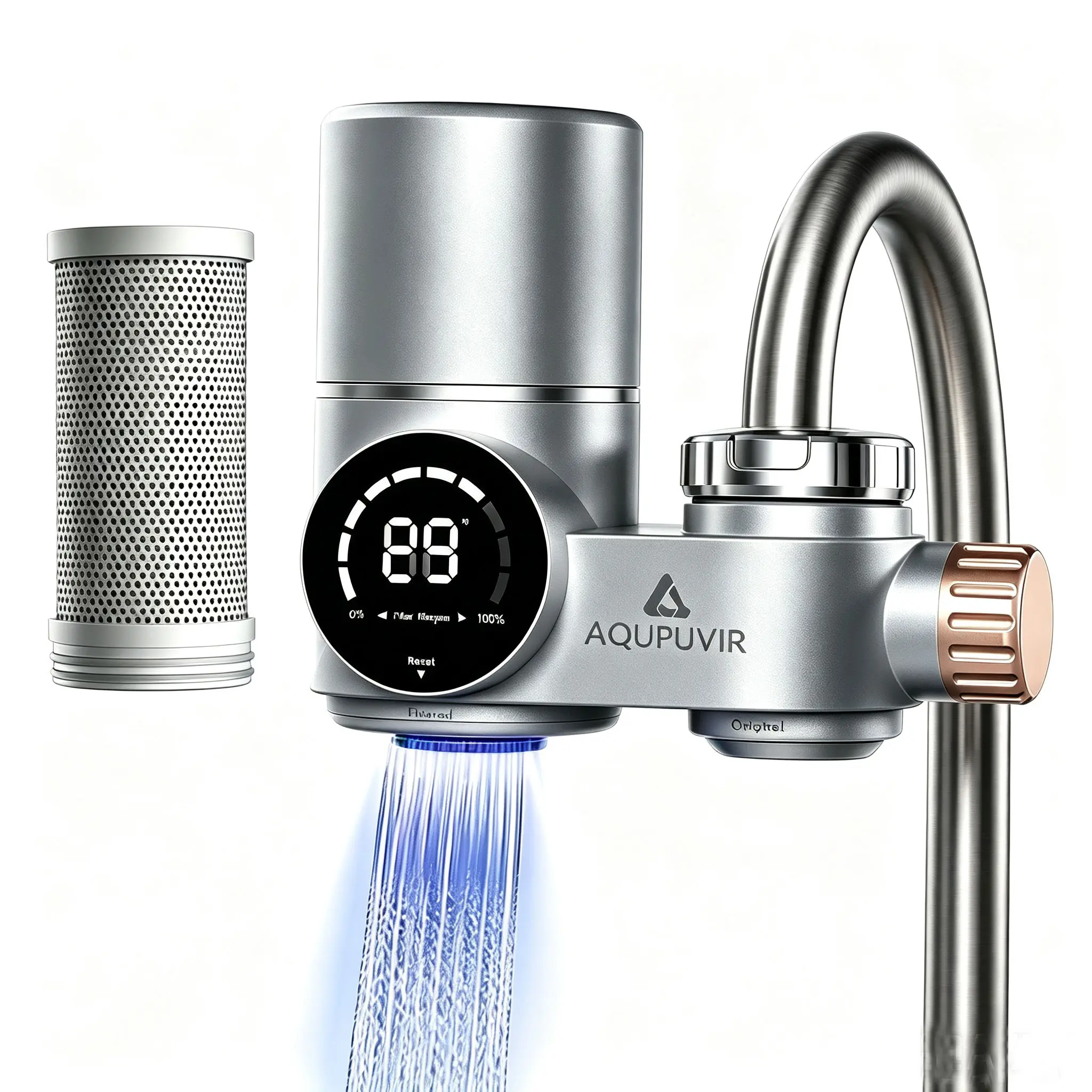 AQUPUVIR Kitchen Vertical Faucet Digital Water Purifier, reduces lead, chlorine, and impurities, easy to install, dual outlets with dual water modes, suitable for kitchen, bathroom sink, and home faucet applications, white/silver