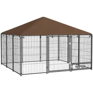 PawHut Outside Dog Kennel, 4.6' x 4.6' x 5' Puppy Play Pen with Canopy, Garden Playpen Fence Crate Enclosure Cage Rotating Bowl, Black