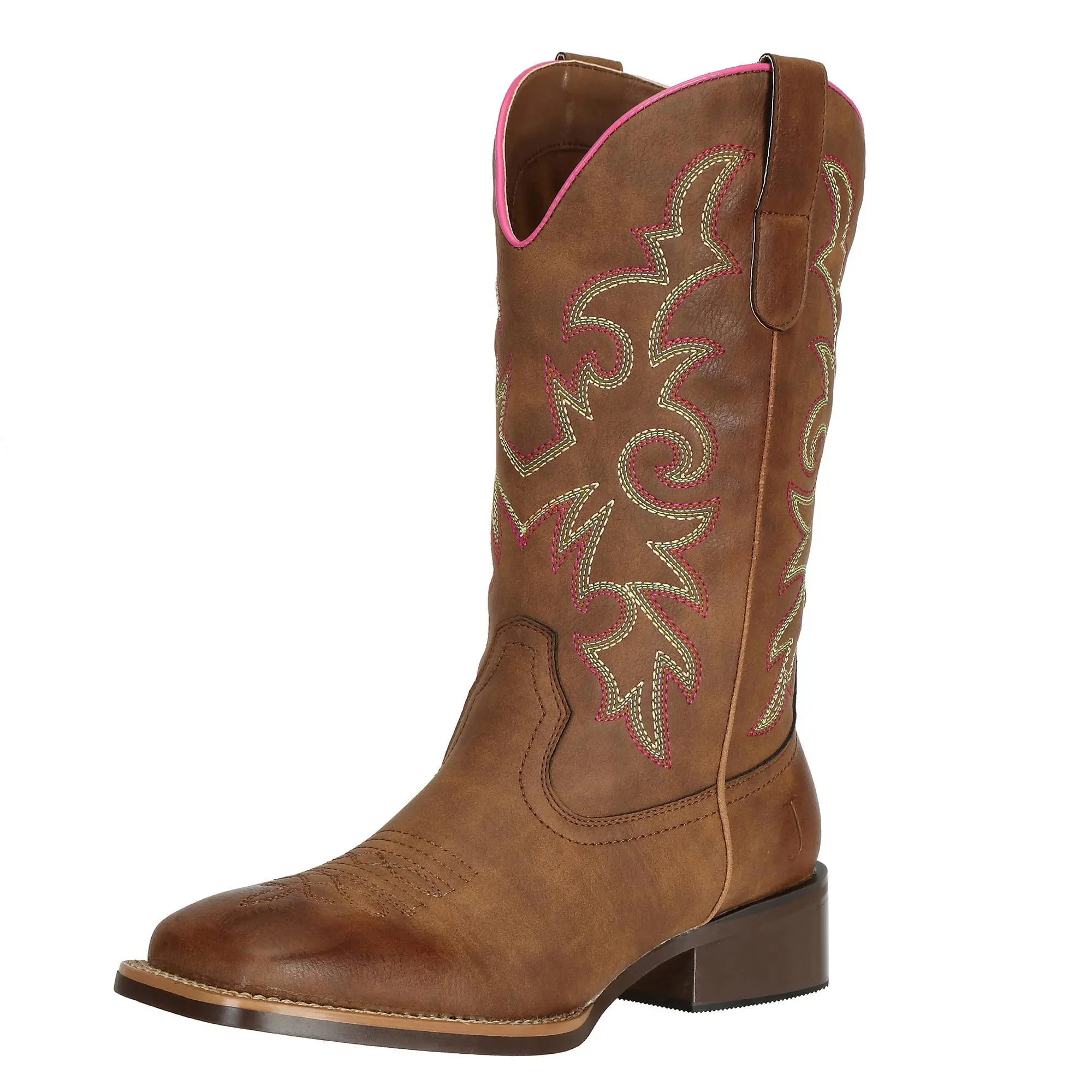 J'S.O.L.E Women's Western Style Country Style Square Wide Toe Mid-Calf Leather Cowgirl Boots - Stitch Embroidery, All Season Design for Country Concert, Casual Wear (Brown)