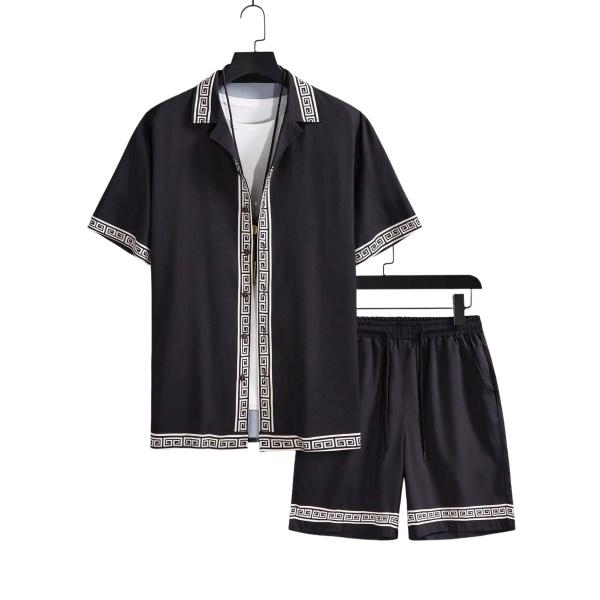 Men's All Black Outfit Set Short Sleeve Button Down Shirt with Matching Shorts Modern Minimalist Streetwear for Urban Style