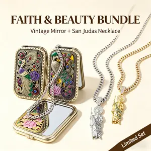 Vintage Peacock Folding Mirror & Saint Jude Iced Out Necklace Gift Set - Elegant Hispanic Religious Jewelry & Beauty Bundle | San Judas Tadeo Protection Gift