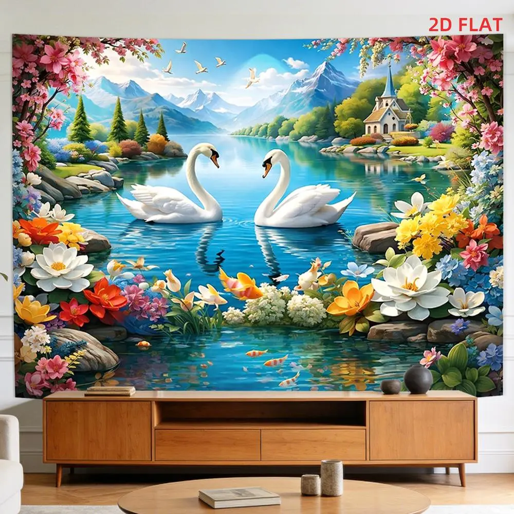 2D Flat Polyester Photography Backdrop Banner - Soft, Lightweight, Foldable, HD Digitally Printed Scenic Lake Landscape with Swans, Colorful Flowers, Majestic Mountains, Charming Church for Wedding, Birthday Party Backdrop, Decorative Festive Backdrops &