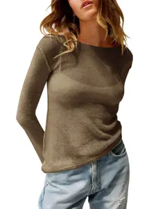 Tankaneo Womens Boat Neck Shirts Long Sleeve Lightweight Knit Pullover Sweaters Casual Sheer Blouse Tops Elegant Womenswear