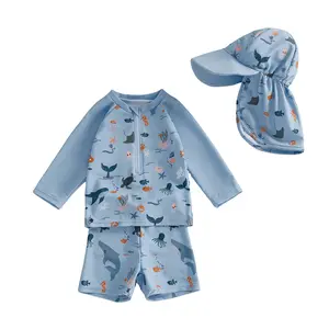 Baby Toddler Boy 3Pcs Swimsuit Rashguard Set, Marine Life Printed Long Sleeve Swimwear with Shorts & Hat for Beach Pool
