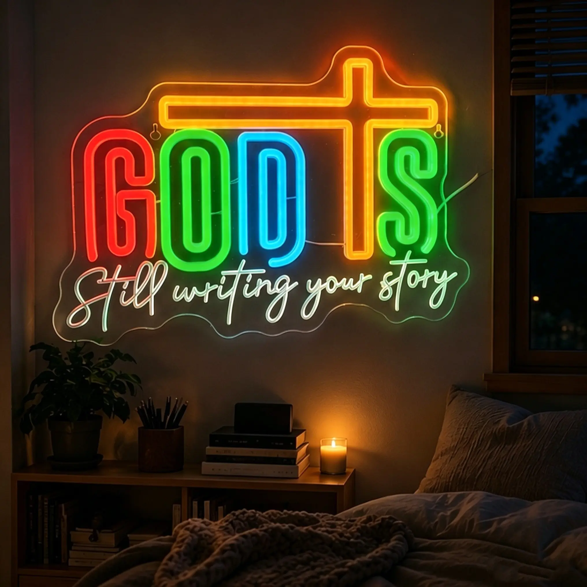 Cross LED Neon Sign, USB Powered, Waterproof, Wall Mounted, Multi-Color, Energy Efficient, Christian Gift, Bedroom, Church, Retro Photo Background