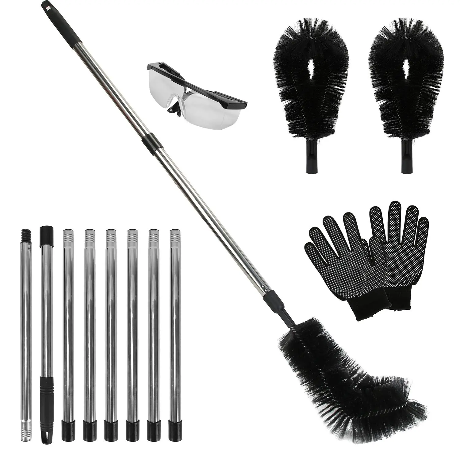 10.5FT Gutter Cleaning Brush With Telescoping Handle Rain Gutter Cleaner Extendable Gutter Cleaning Tool From The Ground with 2 Angled Brushes Anti-slip Gloves Goggles GPCT5351