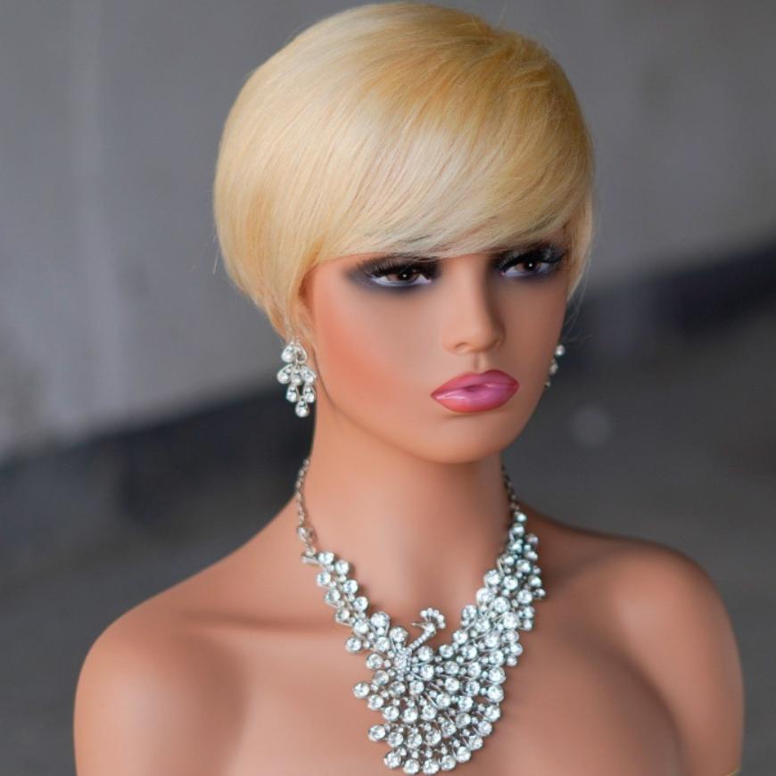 Short Pixie Cut Wig With Bangs, Glueless 180% Density Brazilian Virgin Human Hair, 6 Inch 1B Natural Black Mixed Blonde, Machine Made Wig For Daily & New Year Wear