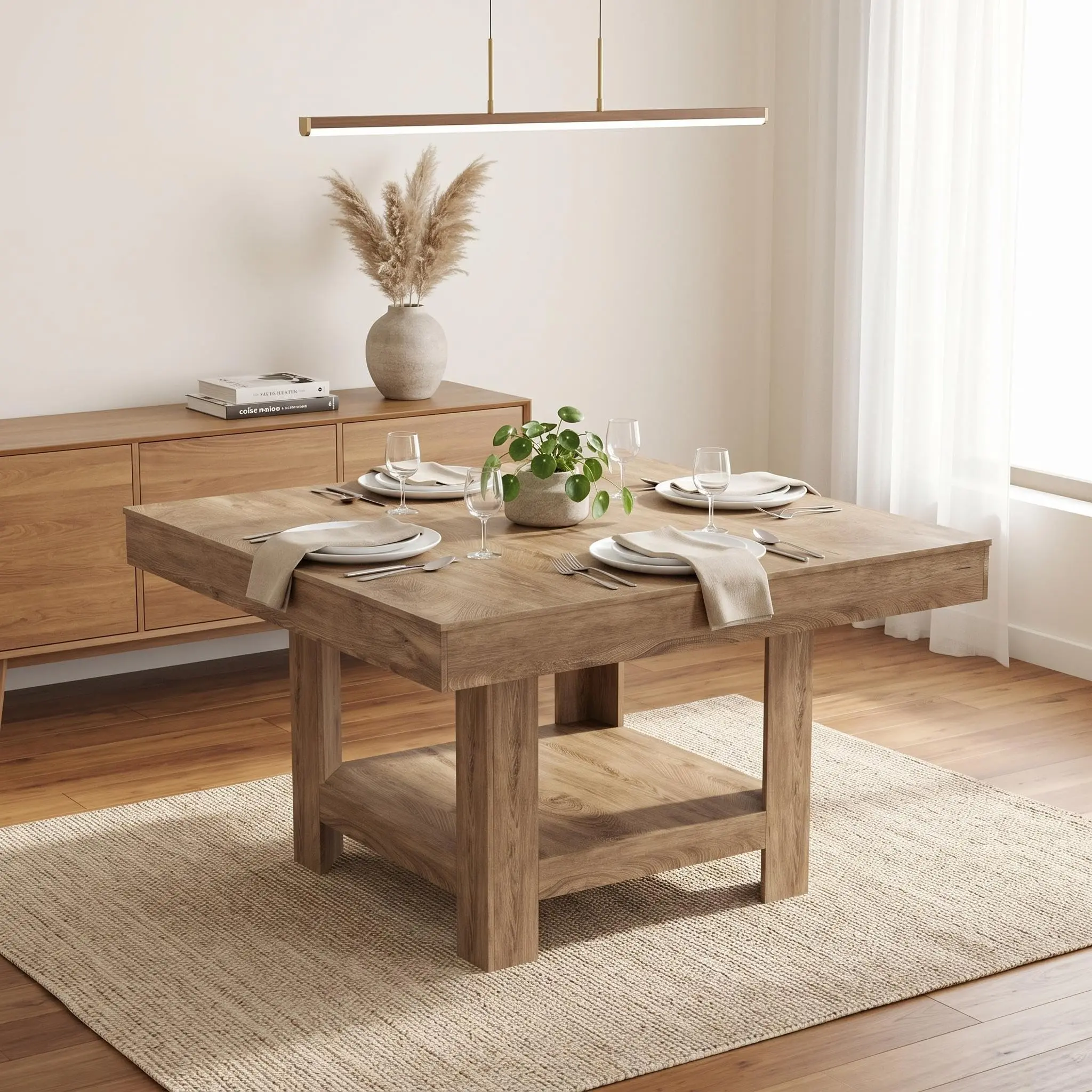 Square Dining Room Table for 4‑6 People – Heavy Duty 350 lbs Kitchen Table with 2‑Tier Storage – Waterproof Wooden Dinner Table with Sturdy Triangle Legs