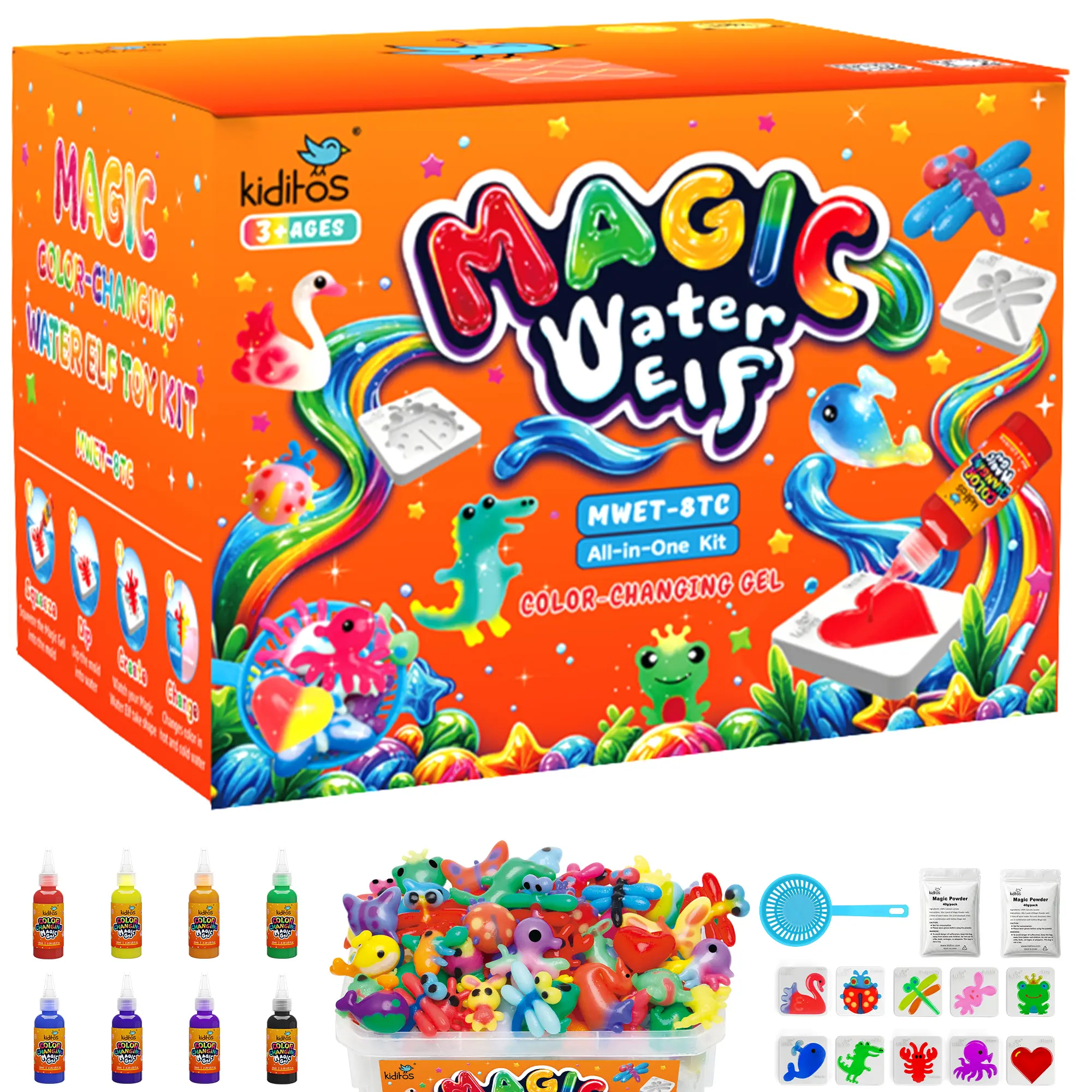 Kiditos Color Changing Magic Water Elf Toy Kit,Aqua Fairy Water Gel Kit-8 Gel&10 Molds-Make Your Own Water Pets&Squishy Toys–Fun Summer DIY Craft Kit,Birthday Gift&Party Favors for Kids Ages 3+