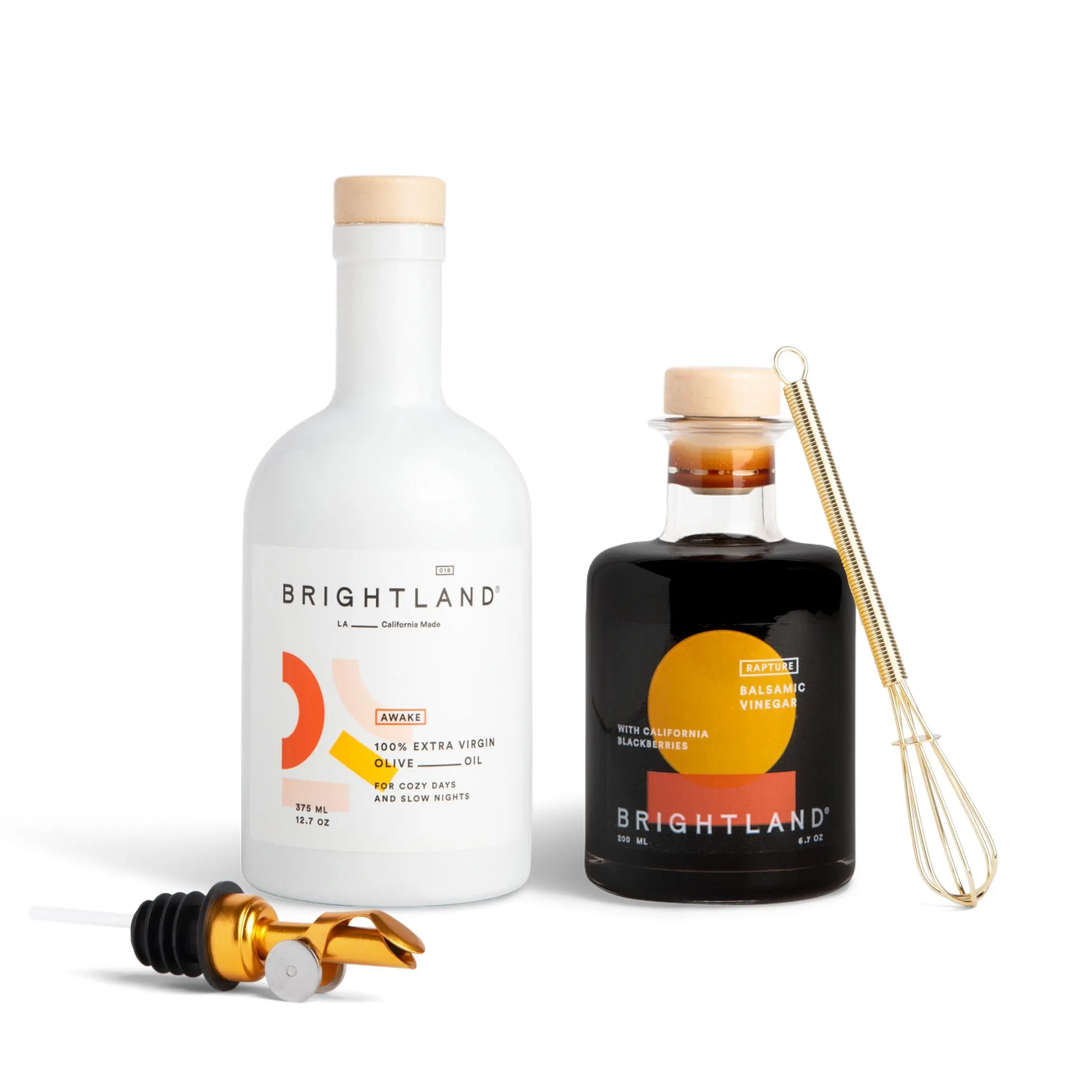 Brightland Olive Oil & Vinegar Duo Gift Set | Choose Awake + Rapture or Alive + Parasol | Includes Bonus Gold Spout and Whisk