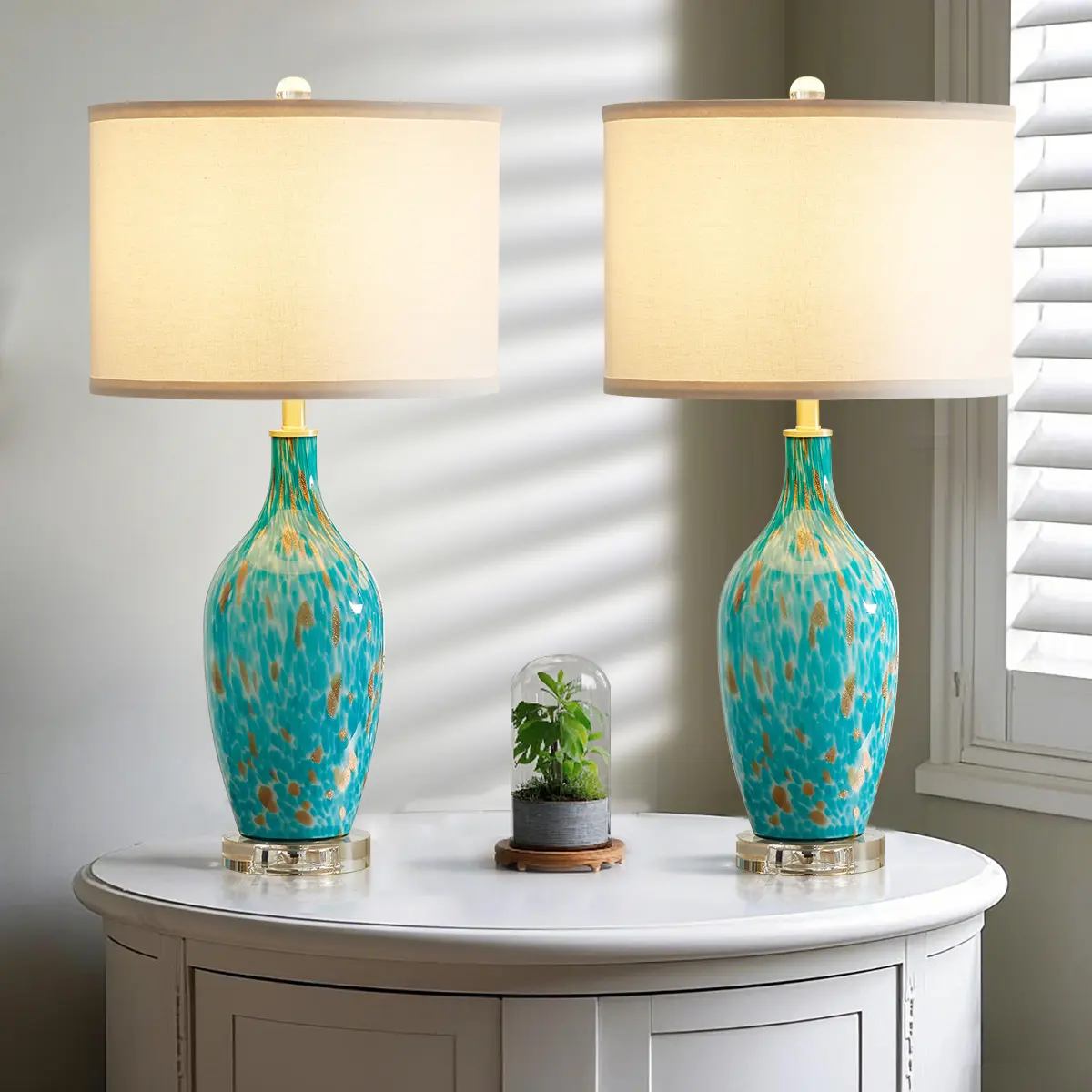 Turquoise Leopard Glass Lamps 25.8” + Crystal Base + Free Bulb (Set of 2)