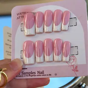 10pcs Handmade Reusable Full Cover Nail Stickers - Square Medium Length French Pointed Pink And White Glossy Press-On Nails, French Tip, Suitable For Women, Commute And Casual Wear, Professional Manicure