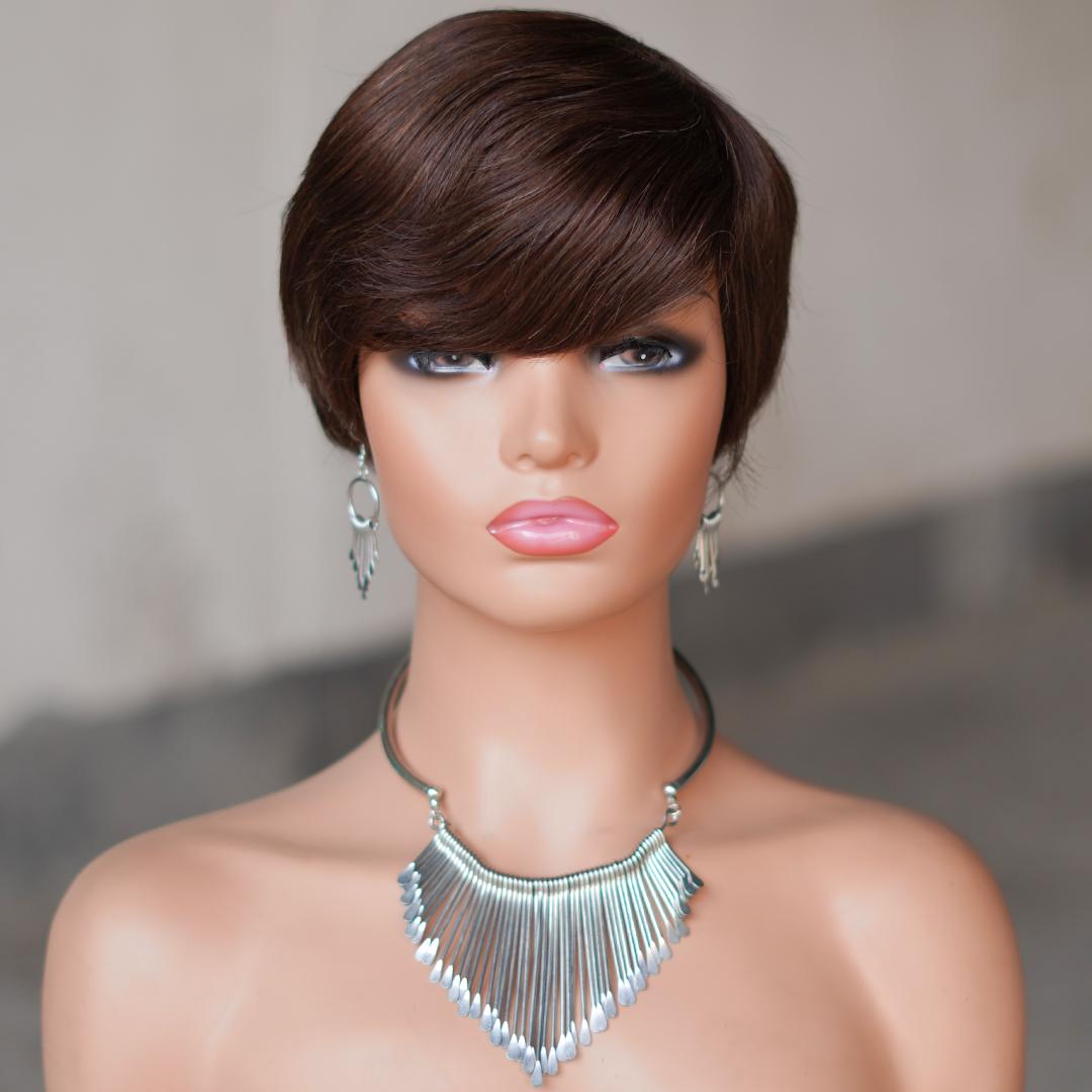 "Glueless Short Pixie Cut Wig With Bangs 180% Density Brazilian Virgin Human Hair P1B/27 Ombre Black Blonde 6 Inch Layered Full Machine Made Natural Look With Wig Caps For Women Daily & Party Wear "	