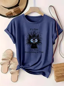 【Plus Size】 Cartoon Cat Print Round Neck Tee, Fashion Casual Crew Neck Short Sleeve T-shirt for Daily Outdoor Wear, Women Plus Clothing for Summer, Top, Casual Breathable Top