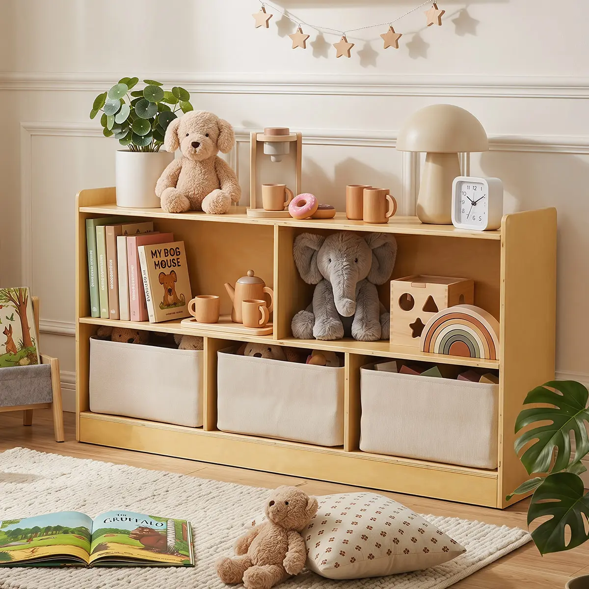labebe Montessori Kids Storage Shelf with Bins, Wooden Toy Organizer & Bookshelf for Nursery and Playroom