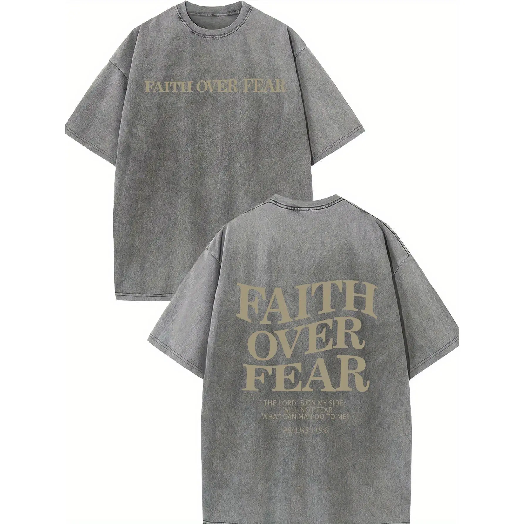 Digitex FAITH OVER FEAR Men's 230 High-quality Cotton Vintage Trendy Brand T-shirt,Short Sleeved Round Neck T-shirt,Acid Wash Summer Basic Tees