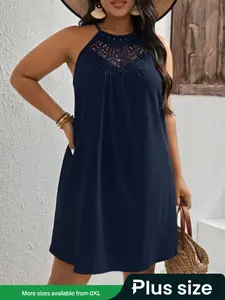 【Plus Size】 Contrast Lace Hollow Out Halter Neck Dress, Boho Sleeveless A Line Dress for Summer, Women's Clothes for Beach Holiday Vacation, Bohemian Casual Wear, Womenswear