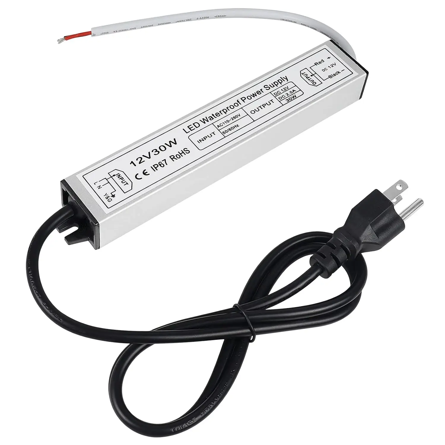LED Power Supply 12V, 30W IP67 Waterproof Outdoor Driver,AC 110-260V to DC 12V 2.5A Low Voltage Transformer, Adapter with 3-Prong Plug for LED Light, Computer Project, Outdoor Use
