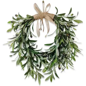 22" Heart Artificial Olive Leaf & Fruit Wreath - Realistic Green Olive Branches with Floral Accents, Farmhouse Wall Door Wedding Arch Window for Indoor (1)