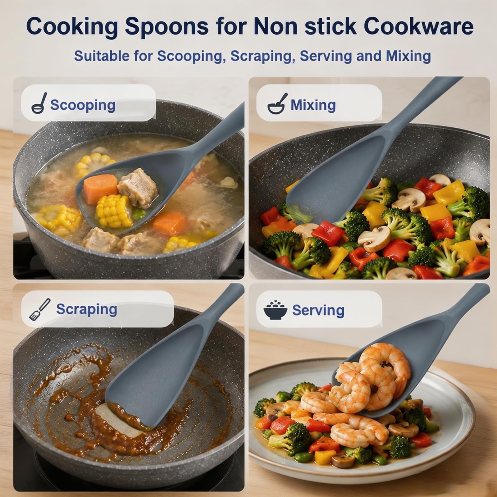 Pack of 2 Cooking Spoons for Non Stick Cookware, Multifunction Spatula Spoon BPA-Free, One-Piece Design, Suitable for Scooping, Scraping, Serving and Mixing