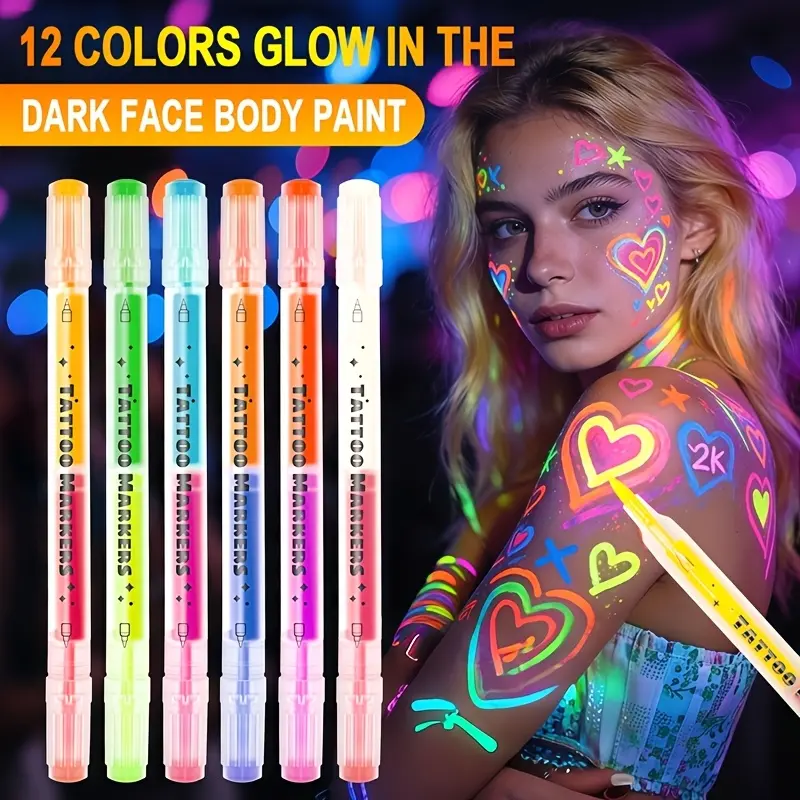12 Colors 6Pcs Glow Highlighter Set, Fluorescent Marker Glow-in-the-Dark Graffiti Pens for Stage Makeup, Halloween, Carnival, Music Festival, Birthday Party, Student DIY Drawing Crafts