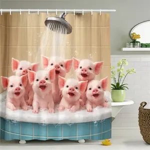 Cute Piggy Bath Curtain, Bubble Bath Design, Bathroom Decor Divider, Fun Cartoon Privacy Screen, Home Bathroom Decoration, Includes Hooks