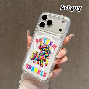 Unicorn of Autism Pattern Magnetic Phone Case for iPhone 17 16  Pro Max Plus 15 14 13 12 11 Air E Non-Yellowing Clear Crystal Drop-proof Slim Silicone Shockproof Transparent Acrylic Large Hole Cover Supports Wireless Charging