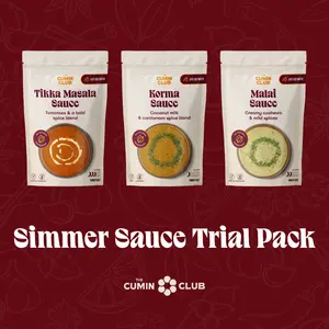 Cumin Club Ready-to-Use Indian Simmer Sauces 3-Pack - Tikka Masala Korma & Malai Sauces - Quick Meals with Protein or Veggies - 6-pack with Cumin Rice (2 servings per pack))