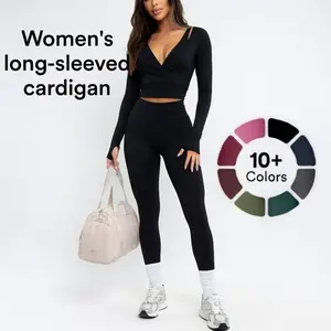 Women Long Sleeve Ballet Pilates Yoga Wrap Tie Front Top Workout Gym Cardigan Shirt
