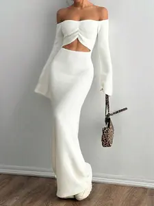 1pc Casual Bardot Neck Long Knitted Dress For Women