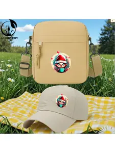 2pcs Cartoon Character in Santa Hat Drinking Coffee Print, Unisex Baseball Cap & Crossbody Bag, Men's and Women's Fashion Street Suit, Unisex Sportswear, Unique Gift Ideas, adjustable Polyester, Casual Outdoor Sports Accessories.