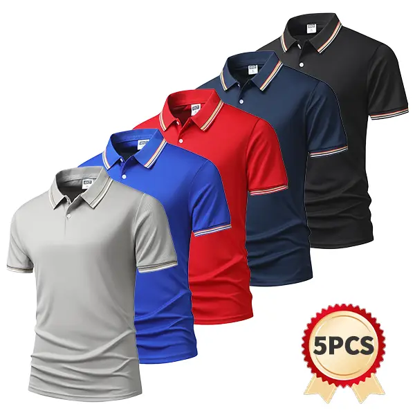 Men's 5-Pack Polo Shirts in Breathable Mesh Fabric, Regular Fit Short Sleeve with Striped Ribbed Collar for Golf & Office, Menswear, Sweat
