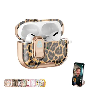 For AirPods Case with Safty Lock & Phone Stand for Leopard Floral For AirPods 4 Pro 3 2 Case Cover for Women Girly, Protective Case with Keychain
