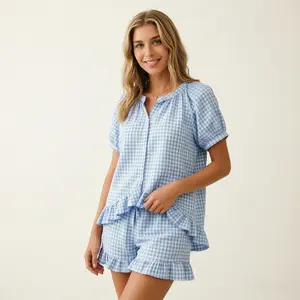 Pajamas Sets for Women 2 Piece Gingham Babydoll Sleepwear Casual Vacation Lounge Outfits, 2 Piece Sets for Summer