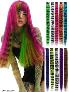 3Pcs Leopard Print Hair Extensions Stripe Printed Wig Hair Piece Colorful Long Straight Clip In Hair Extensions For Women Girls Daily Use Party Halloween Festival Synthetic Soft Hairpieces