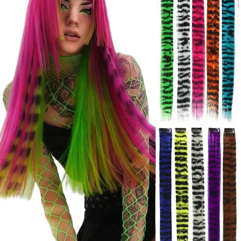3Pcs Leopard Print Extensions Stripe Printed Wig Hair Piece Colorful Long Straight Clip In Hair Extensions For Women Girls Daily Use Party Halloween Festival Synthetic Hair Hairpieces