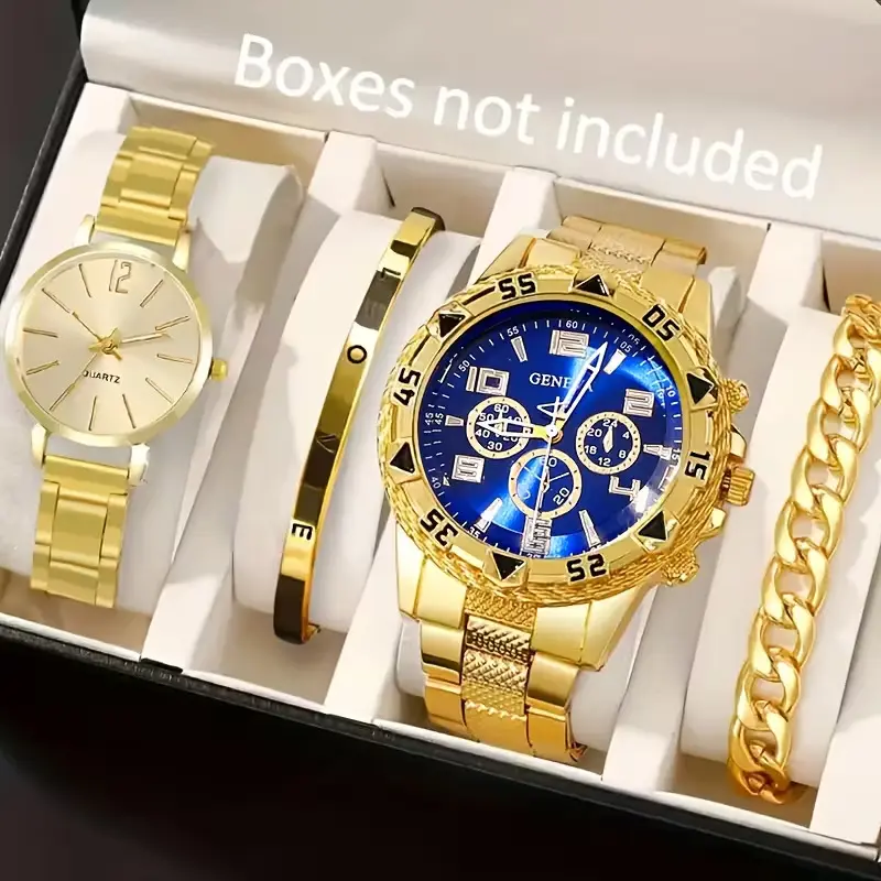 Men’s & Women’s 4-Piece Couple Watch Jewelry Gifts Kit - 2-Tone Gold & Silver Luxury Romantic Shockproof Quartz Timepieces, Round Dial Bangle, Cuban-Link Bracelet, Couples Gifts, Luxury Couple Quartz Watches