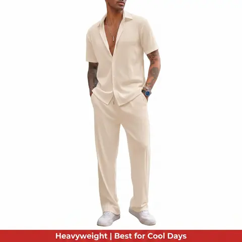 COOFANDY New York Fashion Week Men's 2 Piece Outfit Casual Short Sleeve Button Down Shirt Beach Summer Loose Pant Sets Menswear Breathable Clothes Clothing Suits