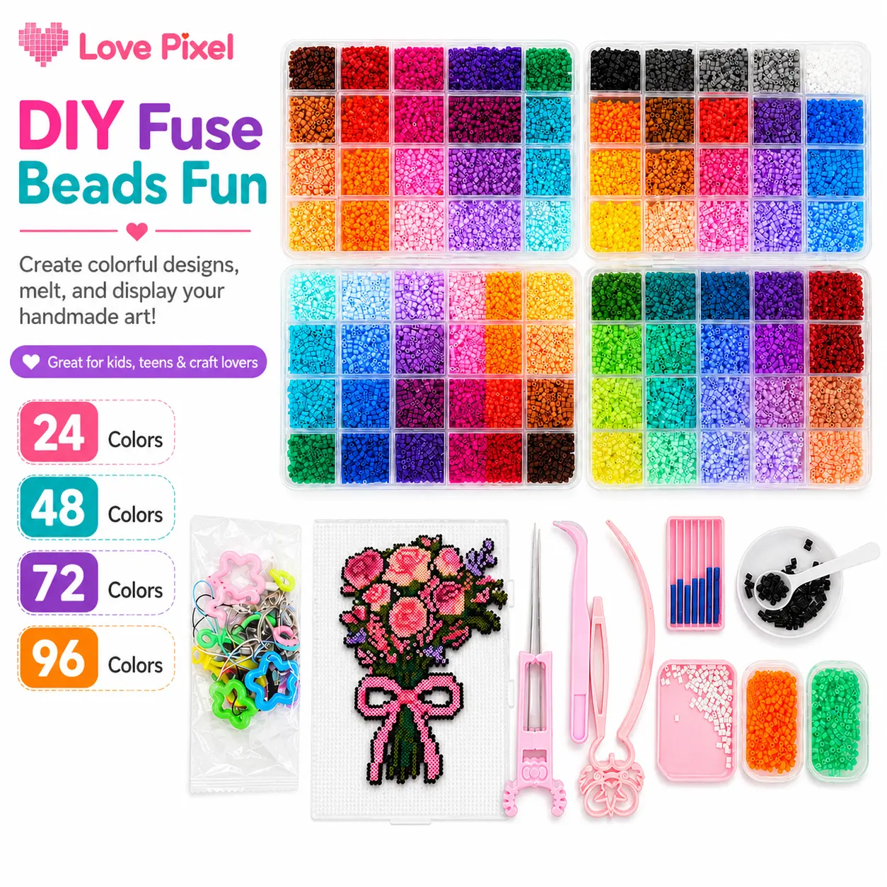 Love Pixel 2.6mm Plastic Beads Fuse Set (24/48/72/96 Colors) - Creative Fun 3D Pixel Puzzle DIY Craft Kit with Nail Board, Ironing Paper, Tweezers, Beading Accessories, Grandma Gift Ideas for Costume Jewelry, Keychains